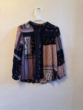 NWOT Lucky Brand Boho Patchwork Peasant Blouse Mixed Floral Print Lace Trim Top
